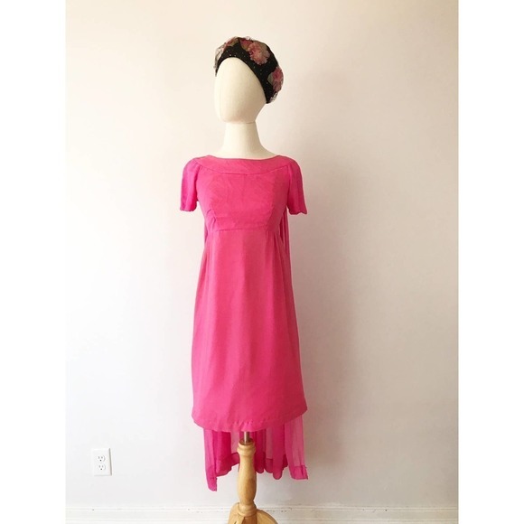 Vintage 1960s Pink Chiffon Dress - Bubblegum Pink Mini Dress - Cape - Picture 2 of 9